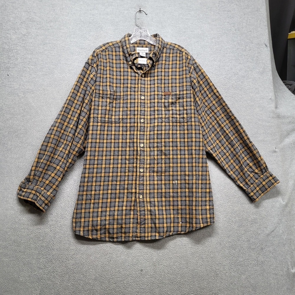 VINTAGE Carhartt Men Button Up Shirt XL Yellow Plaid Flannel Workwear Logo READ